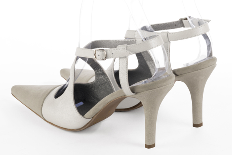 Off white women's open back shoes, with crossed straps. Pointed toe. High slim heel. Rear view - Florence KOOIJMAN